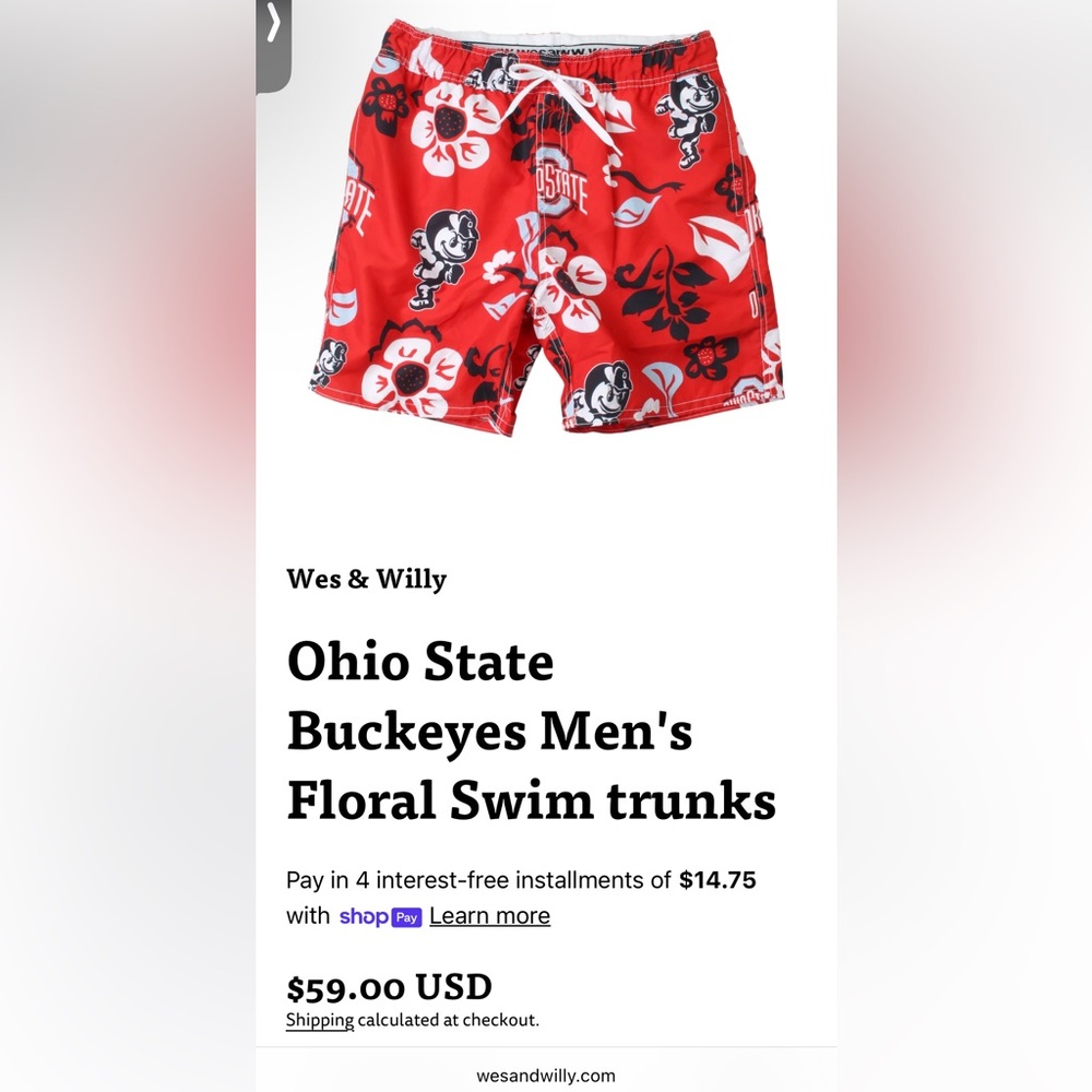 Wes and Willy Men's OSU Buckeyes Brutus Floral Swim Trunks Shorts - Picture 8 of 12